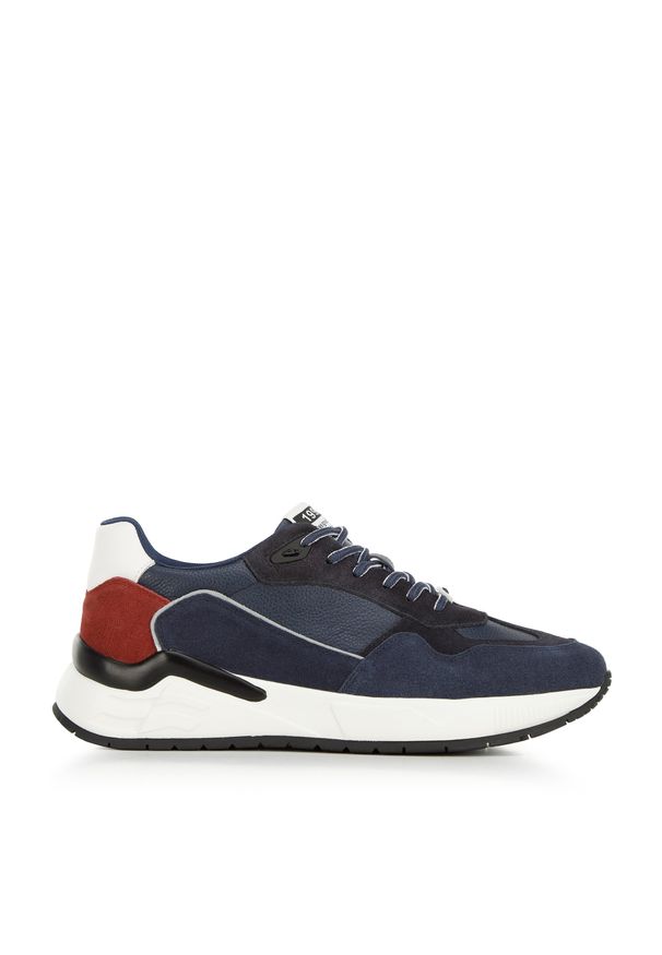 Wittchen - Męskie sneakersy skórzane z motywem w jodełkę niebiesko-czerwone. Nosek buta: okrągły. Kolor: wielokolorowy, czerwony, niebieski. Materiał: skóra. Wzór: jodełka