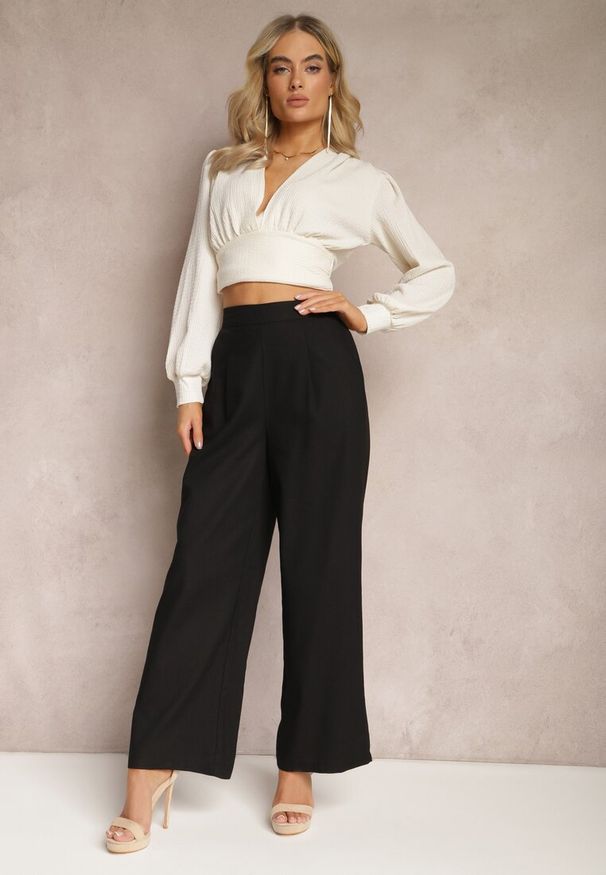 Renee - Czarne Szerokie Spodnie z Lnem z Gumką w Talii Airelttis. Kolor: czarny. Materiał: len. Sezon: lato. Styl: elegancki
