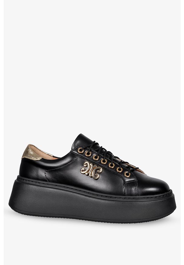 Casu - Czarne sneakersy skórzane damskie na platformie z ozdobą sznurowane produkt polski casu ds-739. Kolor: wielokolorowy, czarny, złoty. Materiał: skóra. Szerokość cholewki: normalna. Wzór: aplikacja. Obcas: na platformie