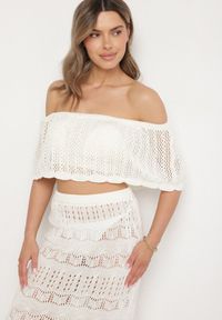 Born2be - Jasnobeżowy Haftowany Komplet z Bawełną Top Typu Hiszpanka i Spódnica Folidra. Kolor: beżowy. Materiał: bawełna. Wzór: haft #4