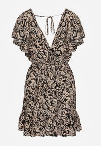 Renee - Czarno-Beżowa Sukienka z Bawełny o Rozkloszowanym Kroju Ozdobiona Falbanami i Gumką w Talii Neliaura. Okazja: na imprezę, na co dzień. Typ kołnierza: dekolt w kształcie V. Kolor: czarny. Materiał: bawełna. Wzór: aplikacja. Sezon: lato. Typ sukienki: rozkloszowane, proste. Styl: casual, elegancki #7