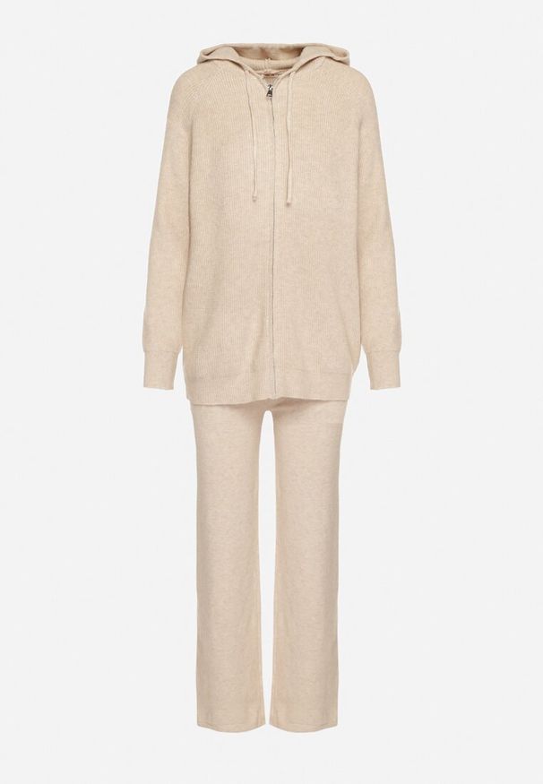 Born2be - Beżowy Komplet Dzianinowy z Wełną Bluza z Kapturem i Szerokie Spodnie Otisela. Kolor: beżowy. Materiał: dzianina, wełna