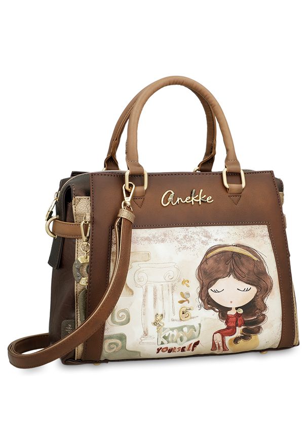 Torebka damska Anekke, do ręki i na ramię z odpinanym i regulowanym paskiem, brązowa, 42701-151. Kolor: brązowy. Wzór: aplikacja. Materiał: zdobione. Styl: casual, elegancki. Rodzaj torebki: do ręki