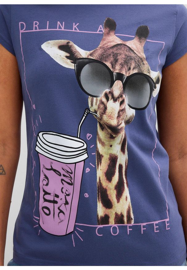 bonprix - T-shirt z czystej bawełny. Kolor: niebieski. Materiał: bawełna. Wzór: nadruk