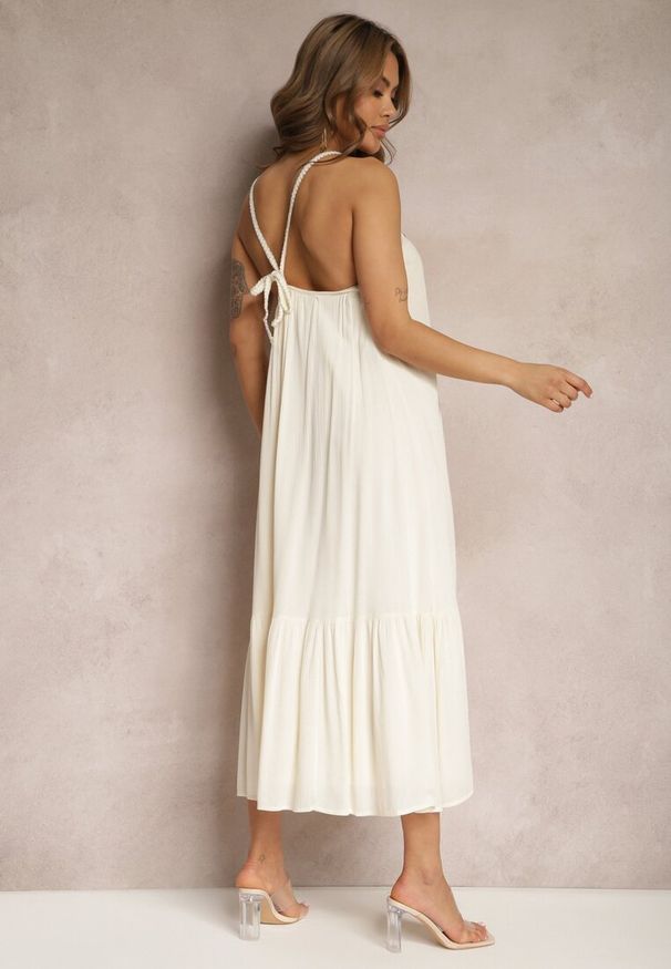 Renee - Beżowa Sukienka z Wiskozy na Ramiączkach Zdobiona Cekinami i Metaliczną Nitką Beloe. Kolor: beżowy. Materiał: wiskoza. Długość rękawa: na ramiączkach. Wzór: aplikacja