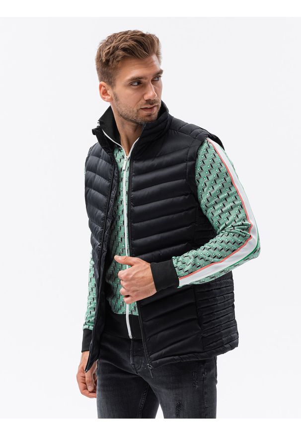 Ombre Clothing - Bezrękawnik męski pikowany - czarny V2 - Rozmiar: S/M. Typ kołnierza: kołnierzyk stójkowy. Kolor: czarny. Materiał: poliester. Długość rękawa: bez rękawów