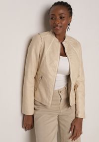 Born2be - Beżowa Taliowana Kurtka Ramoneska z Kontrastowymi Lamówkami Nissalea. Okazja: na co dzień. Kolor: beżowy. Materiał: poliester, skóra, jeans. Styl: casual #1