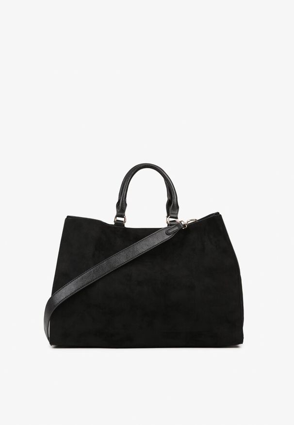 Renee - Czarna Torebka Typu Shopper z Imitacji Zamszu z Rączkami i Paskiem Crossbody Temige. Kolor: czarny. Materiał: zamszowe. Styl: klasyczny, biznesowy, casual, elegancki