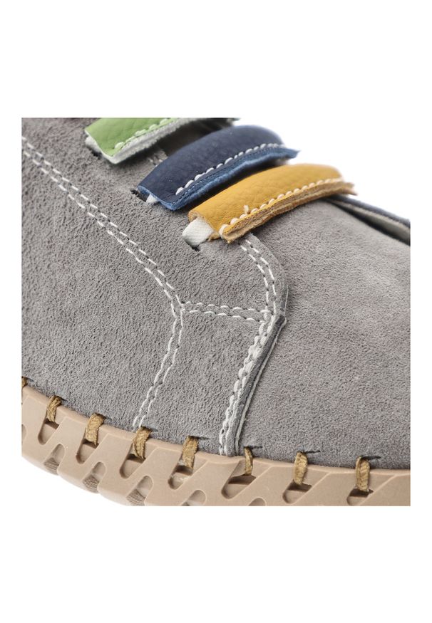 Półbuty damskie Vinceza, ze skóry naturalnej zamszowej kolorowe gumki elastyczne lekka elastyczna podeszwa casual, szare, 95377. Okazja: na co dzień. Zapięcie: pasek. Kolor: szary. Materiał: zamsz, skóra. Szerokość cholewki: normalna. Wzór: kolorowy. Styl: casual