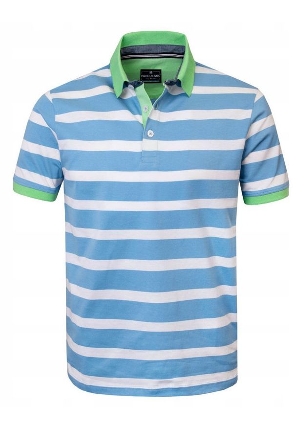 Męska Koszulka Polo - Pako Jeans - Biało-Niebieska w Paski. Okazja: na co dzień. Typ kołnierza: polo. Kolor: niebieski. Materiał: bawełna. Wzór: prążki, paski. Styl: casual