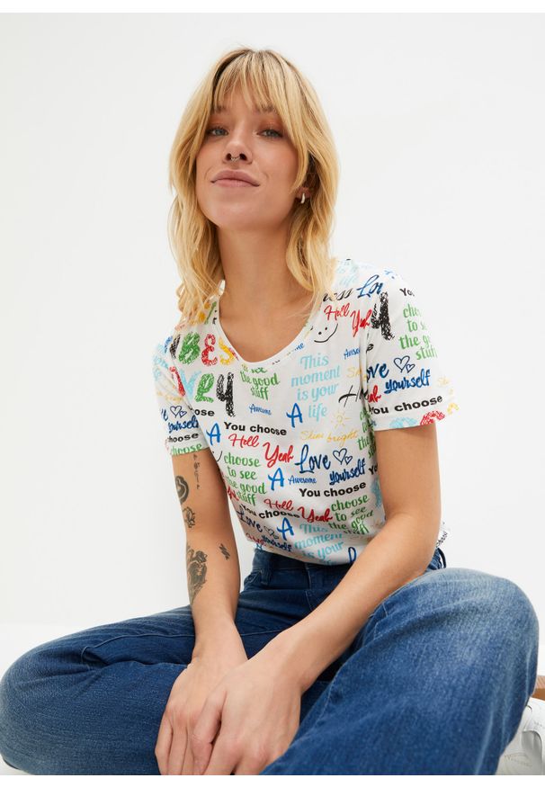 bonprix - T-shirt z nadrukiem. Kolor: biały. Wzór: nadruk
