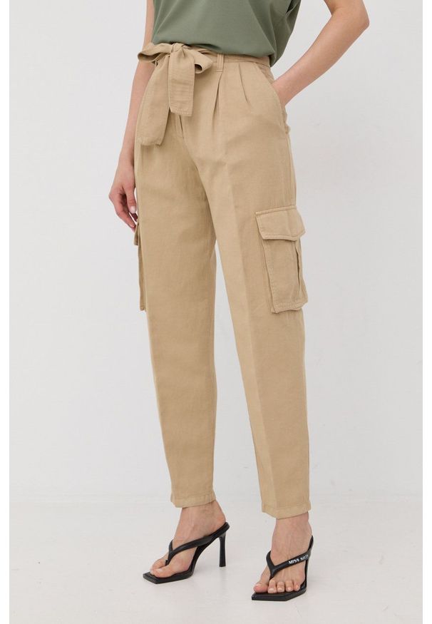 Hugo - HUGO spodnie z domieszką lnu damskie kolor beżowy fason cargo high waist. Okazja: na co dzień. Stan: podwyższony. Kolor: beżowy. Materiał: len. Styl: casual