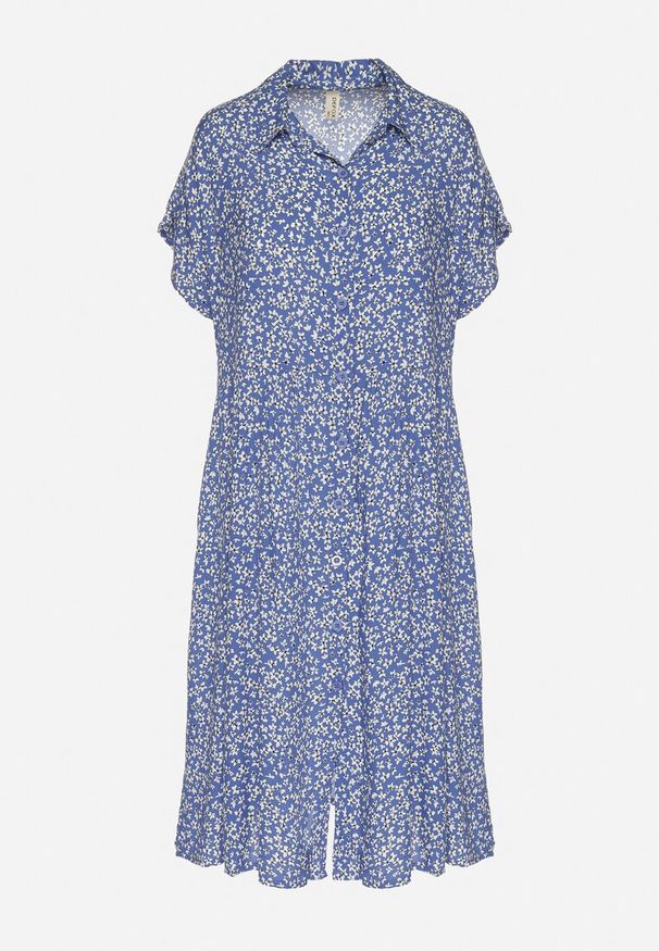 Born2be - Granatowa Bawełniana Sukienka Koszulowa w Kwiaty z Rozkloszowanym Dołem Jerilsa. Okazja: na co dzień. Typ kołnierza: kołnierzyk klasyczny. Kolor: niebieski. Materiał: bawełna. Długość rękawa: krótki rękaw. Wzór: kwiaty. Typ sukienki: koszulowe. Styl: klasyczny, casual, elegancki