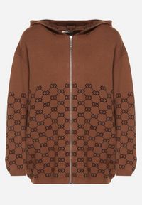 Born2be - Brązowy Kardigan na Suwak z Kapturem i Geometrycznym Motywem Lunetusa. Okazja: na co dzień. Typ kołnierza: kaptur. Kolor: brązowy. Materiał: jeans. Wzór: geometria. Styl: casual, elegancki #6