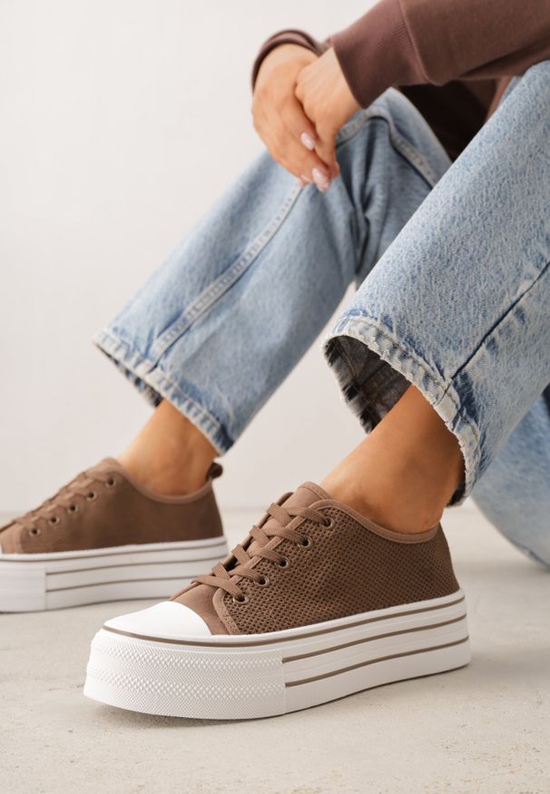 Born2be - Brązowe Trampki na Grubej Podeszwie z Plecioną Cholewką Nalivera. Okazja: na co dzień. Kolor: brązowy. Materiał: skóra, jeans. Szerokość cholewki: normalna. Styl: casual, rockowy