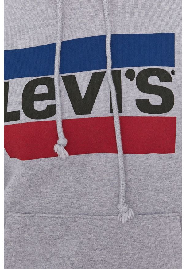 Levi's® - Levi's Bluza bawełniana damska kolor szary z kapturem z nadrukiem. Okazja: na spotkanie biznesowe, na co dzień. Typ kołnierza: kaptur. Kolor: szary. Materiał: bawełna. Długość rękawa: długi rękaw. Długość: długie. Wzór: nadruk. Styl: biznesowy, casual