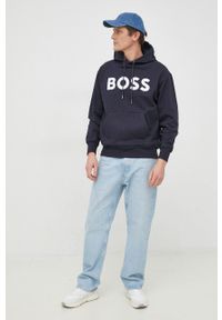 BOSS bluza bawełniana męska kolor niebieski z kapturem z nadrukiem. Typ kołnierza: kaptur. Kolor: niebieski. Materiał: bawełna. Wzór: nadruk #4