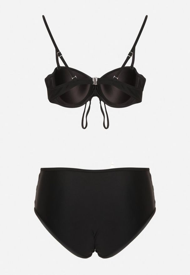 Renee - Czarne Bikini Biustonosz i Majtki Figi High Waist z Siateczkowymi Zdobieniami Kinovia. Stan: podwyższony. Kolor: czarny. Wzór: aplikacja