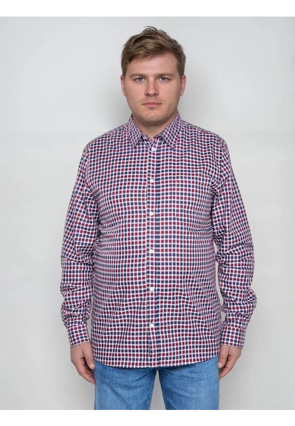 Big-Star - Koszula męska bawełniana w kratę czerwono-granatową Frankini 604. Okazja: na co dzień. Kolor: czerwony. Materiał: bawełna. Styl: casual, elegancki, klasyczny