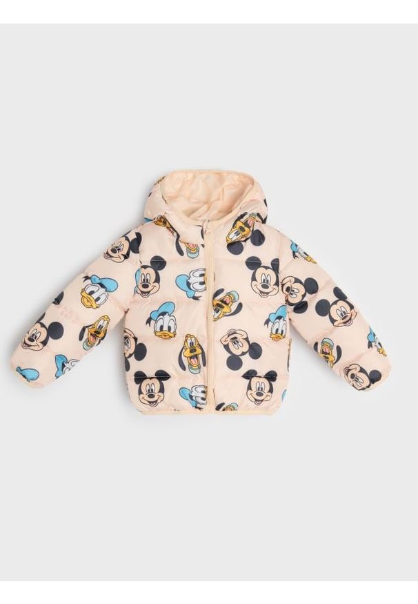 Sinsay - Pikowana kurtka puffer z kapturem Mickey Mouse - beżowy. Typ kołnierza: kaptur. Kolor: beżowy. Wzór: motyw z bajki