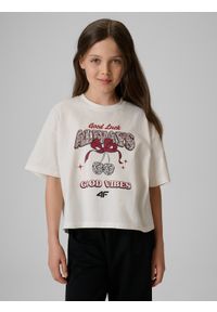 4f - 4F T-shirt boxy z nadrukiem dziewczęcy - kremowy 122/128 (6-8 lat). Okazja: na co dzień. Kolor: biały. Materiał: materiał, bawełna, dzianina. Długość: krótkie. Wzór: nadruk. Sezon: lato. Styl: casual #1
