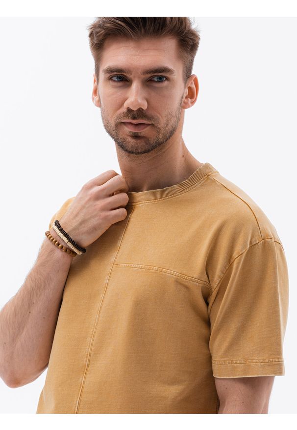 Ombre Clothing - T-shirt męski bawełniany S1379 - musztardowy - XXL. Kolor: żółty. Materiał: bawełna. Długość: krótkie. Wzór: geometria