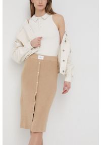 Calvin Klein Jeans spódnica kolor beżowy midi prosta. Okazja: na co dzień. Kolor: beżowy. Materiał: dzianina. Wzór: gładki. Styl: casual