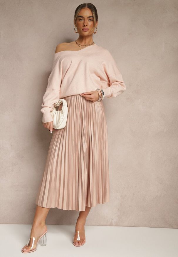 Renee - Jasnobeżowa Plisowana Spódnica Rozkloszowana z Gumką w Talii Noriri. Okazja: na co dzień. Kolor: beżowy. Styl: klasyczny, casual, elegancki