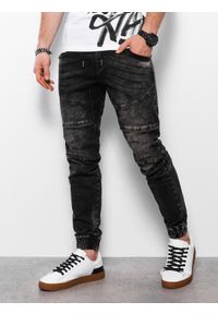Ombre Clothing - Spodnie męskie marmurkowe JOGGERY z ozdobnymi przeszyciami - czarne V2 OM-PADJ-0111 - XL. Kolor: czarny. Materiał: elastan, bawełna, jeans