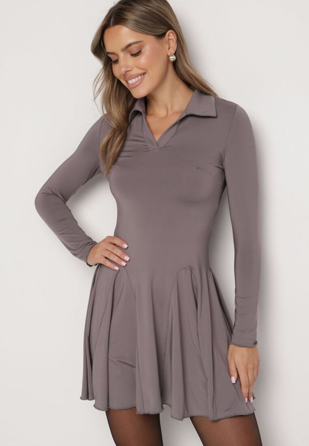 Born2be - Szara Rozkloszowana Sukienka z Wiskozą Ozdobiona Kołnierzykiem Mirettia. Okazja: na co dzień. Kolor: szary. Materiał: wiskoza. Wzór: aplikacja. Typ sukienki: rozkloszowane, proste. Styl: casual