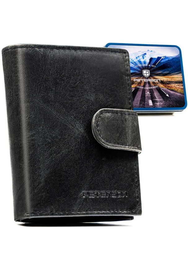 Czarny portfel męski ze skóry naturalnej wyposażony w system RFID, zamykany zatrzaskiem - Peterson. Kolor: czarny. Materiał: skóra