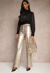 Renee - Złote Szerokie Spodnie Metaliczne High Waist z Ekoskóry Tranise. Stan: podwyższony. Kolor: złoty. Materiał: skóra