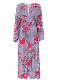 Długa sukienka bonprix kremowy bez w kwiaty. Kolor: fioletowy. Wzór: kwiaty. Styl: elegancki. Długość: maxi #1