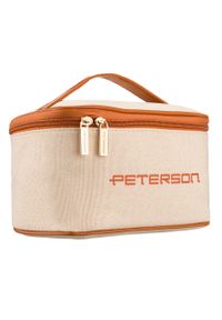 Beżowo-brązowa kosmetyczka z tkaniny syntetycznej wyposażona w uchwyt, zamykana suwakiem - Peterson. Kolor: brązowy, beżowy, wielokolorowy. Materiał: tkanina, syntetyk #1