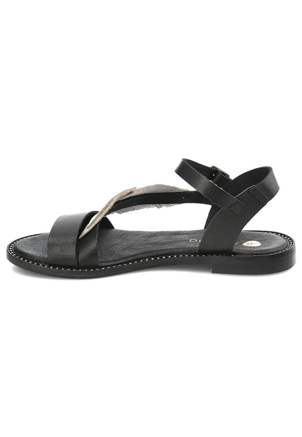 Czarno Złote Sandały Armodo Stylowe Obuwie Damskie Z Liściem. Okazja: na co dzień. Zapięcie: pasek. Kolor: czarny. Materiał: skóra. Wzór: paski. Styl: elegancki