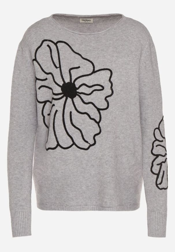 Born2be - Szary Sweter Ozdobiony Haftowanymi Kwiatami Halatusea. Okazja: na co dzień. Kolor: szary. Materiał: jeans. Wzór: kwiaty, aplikacja, haft. Styl: klasyczny, casual