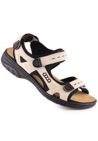 Komfortowe sandały damskie sportowe na rzepy beżowe Rieker 64582-60. Zapięcie: rzepy. Kolor: beżowy. Materiał: skóra ekologiczna. Styl: sportowy #1