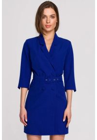 Stylove - Elegancka sukienka marynarkowa z paskiem chabrowa. Okazja: na co dzień. Kolor: zielony, niebieski. Materiał: wiskoza, elastan, poliester. Typ sukienki: proste. Styl: elegancki