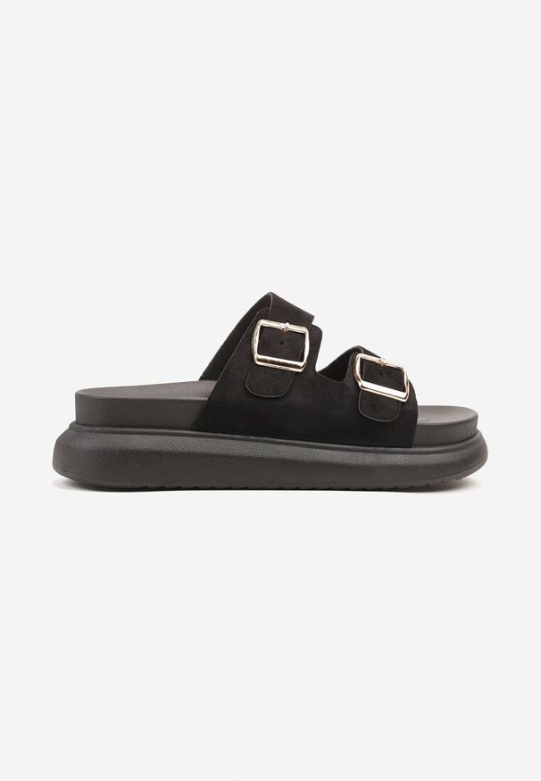 Born2be - Czarne Klapki na Grubej Podeszwie z Paskami z Klamrami Rosaniella. Okazja: na co dzień, na imprezę. Kolor: czarny. Materiał: jeans. Sezon: lato. Styl: klasyczny, elegancki, casual