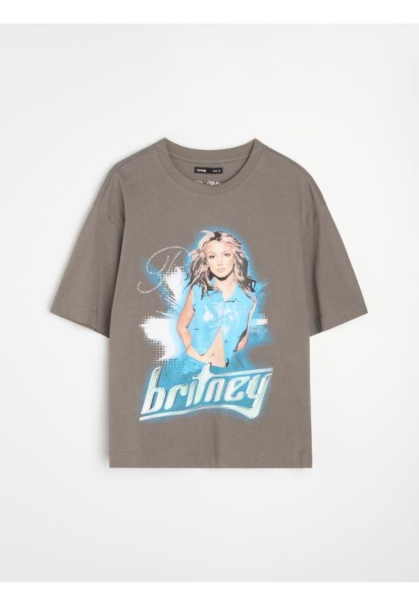 Sinsay - Bawełniana koszulka z nadrukiem Britney - szary. Kolor: szary. Materiał: bawełna. Wzór: nadruk