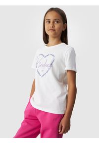 4f - 4F T-shirt z nadrukiem dziewczęcy - biały 158 (12-13 lat). Okazja: na co dzień. Kolor: biały. Materiał: dzianina, jersey, bawełna. Długość rękawa: krótki rękaw. Długość: krótkie. Wzór: nadruk. Sezon: lato. Styl: sportowy, klasyczny, casual