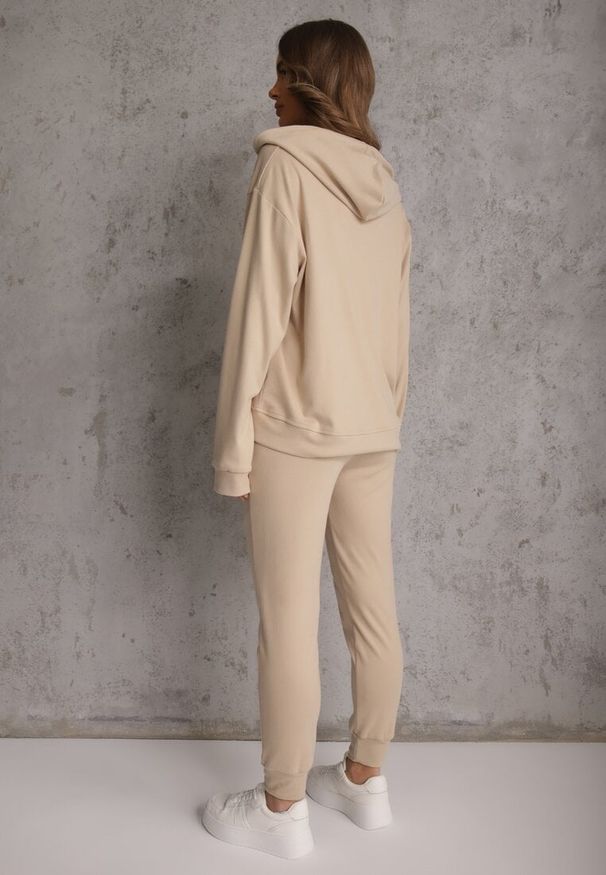 Renee - Beżowy Komplet Dresowy Spodnie Joggery i Bluza z Kapturem na Suwak Bernika. Kolor: beżowy. Materiał: dresówka. Wzór: gładki