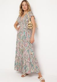 Born2be - Zielona Sukienka Maxi z Gumką Pod Biustem i Orientalnym Wzorem Uniwia. Kolor: zielony. Sezon: lato. Długość: maxi #4