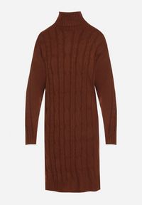 Born2be - Brązowa Sweterkowa Sukienka z Golfem Wełną i Bawełną Ozdobiona Splotem Reiania. Okazja: na spotkanie biznesowe, do pracy, na co dzień. Typ kołnierza: golf. Kolor: brązowy. Materiał: wełna, bawełna. Wzór: ze splotem, aplikacja. Typ sukienki: proste. Styl: casual, biznesowy #7