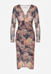 Renee - Brązowo-Granatowa Kopertowa Sukienka z Siateczki z Wiskozą Zdobiona Marszczeniem Varseli. Kolor: brązowy. Materiał: wiskoza. Wzór: aplikacja. Typ sukienki: kopertowe. Styl: klasyczny #4