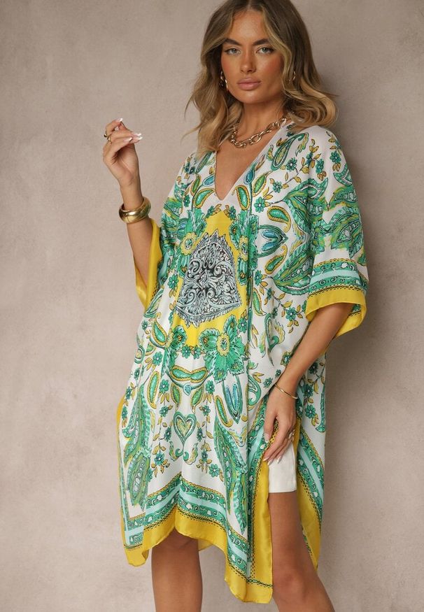 Renee - Żółte Ponczo Narzutka z Wiskozy i Jedwabiu w Stylu Boho Acera. Kolor: żółty. Materiał: jedwab, wiskoza. Sezon: lato. Styl: boho