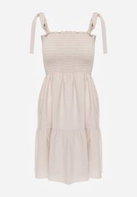 Renee - Beżowa Bawełniana Sukienka na Ramiączkach z Gumką w Pasie o Rozkloszowanym Kroju Holfea. Okazja: na spacer, na co dzień, do pracy. Kolor: beżowy. Materiał: bawełna. Długość rękawa: na ramiączkach. Sezon: lato. Typ sukienki: rozkloszowane, proste. Styl: casual, elegancki, klasyczny #6