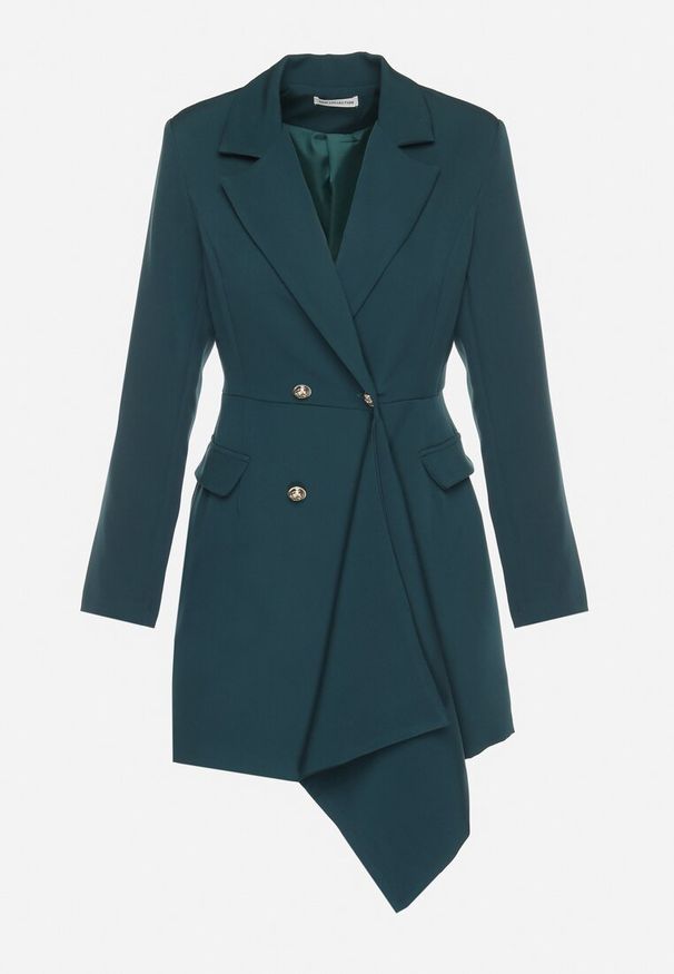 Born2be - Ciemnozielona Taliowana Sukienka o Kroju Marynarki z Mini Trenem Besista. Kolor: zielony. Długość rękawa: długi rękaw. Wzór: aplikacja. Styl: elegancki, klasyczny. Długość: mini