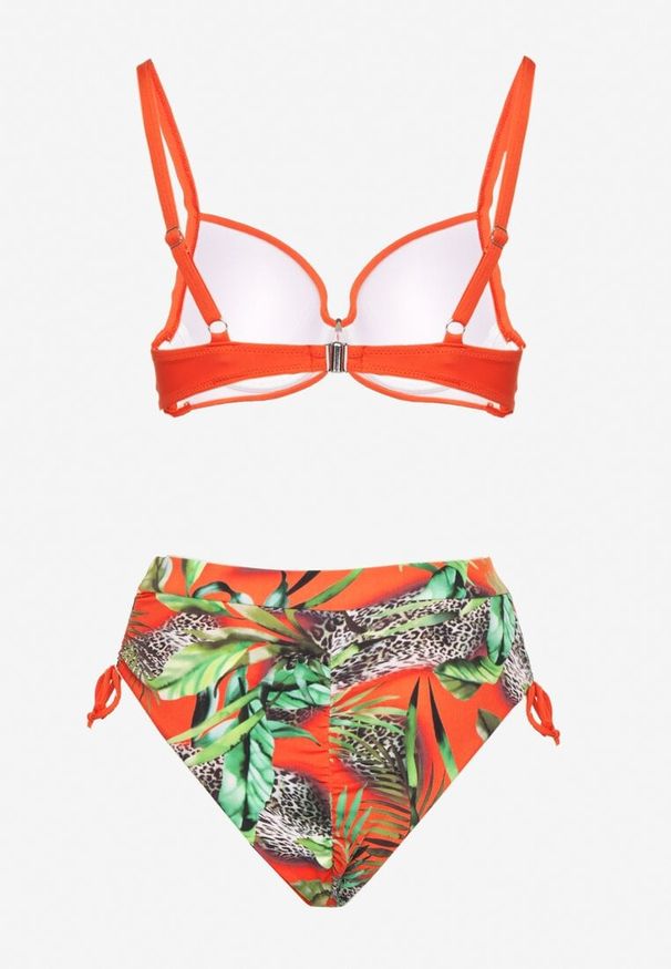 Born2be - Pomarańczowe Bikini Biustonosz i Majtki Figi ze Ściągaczami w Tropikalny Wzór Sadeille. Kolor: pomarańczowy