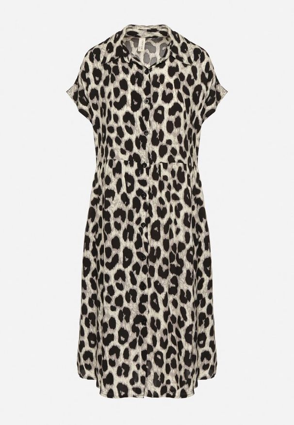 Born2be - Beżowo-Czarna Bawełniana Sukienka o Koszulowym Kroju z Kieszeniami w Panterkę Iffanea. Okazja: na spacer, na randkę, na co dzień. Kolor: beżowy. Materiał: bawełna. Długość rękawa: krótki rękaw. Wzór: motyw zwierzęcy. Typ sukienki: koszulowe. Styl: elegancki, casual